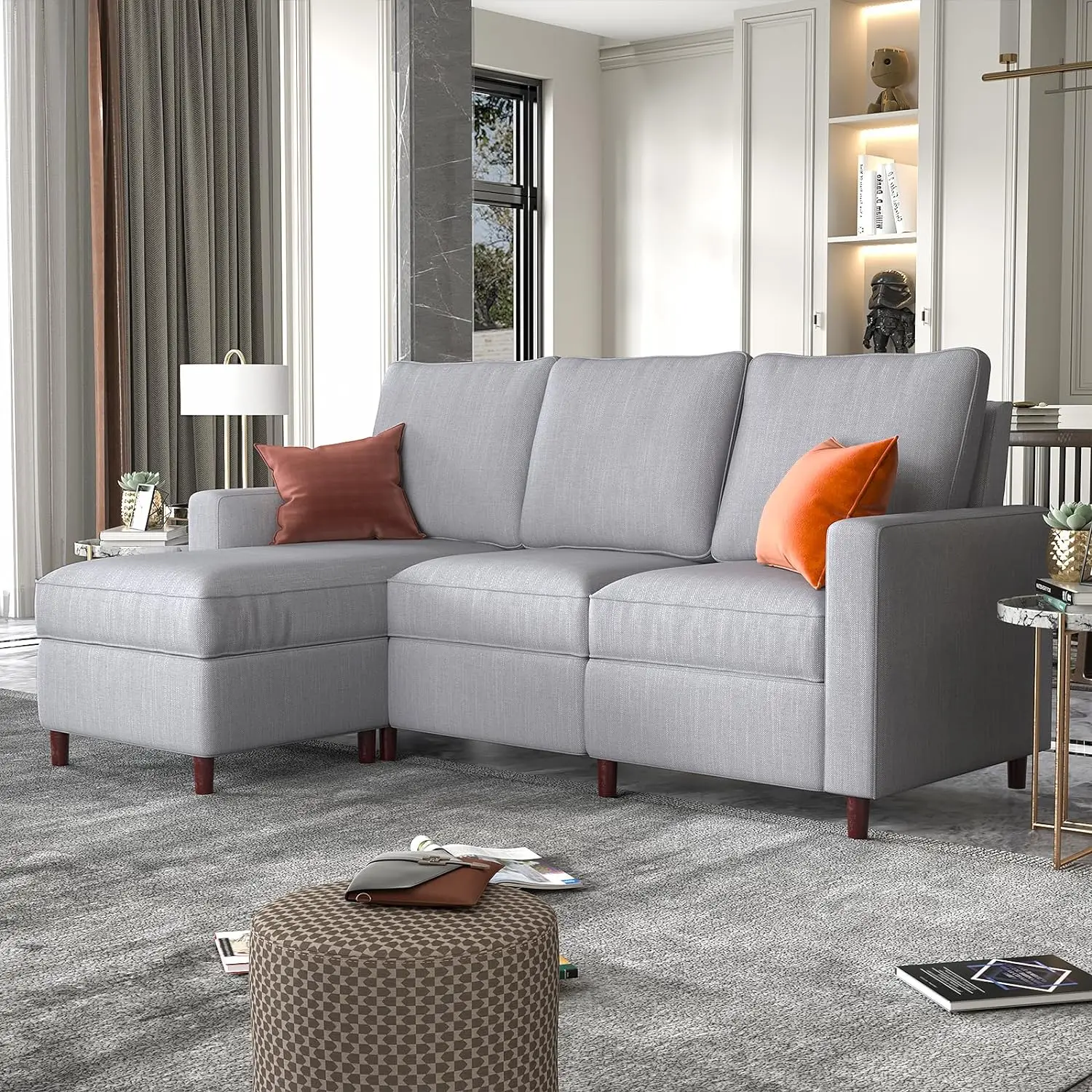 

Convertible Sectional Sofa Couch, 3 Seat L-Shaped Sofa with Linen Fabric, Movable Ottoman Small Couch for Small Apartments