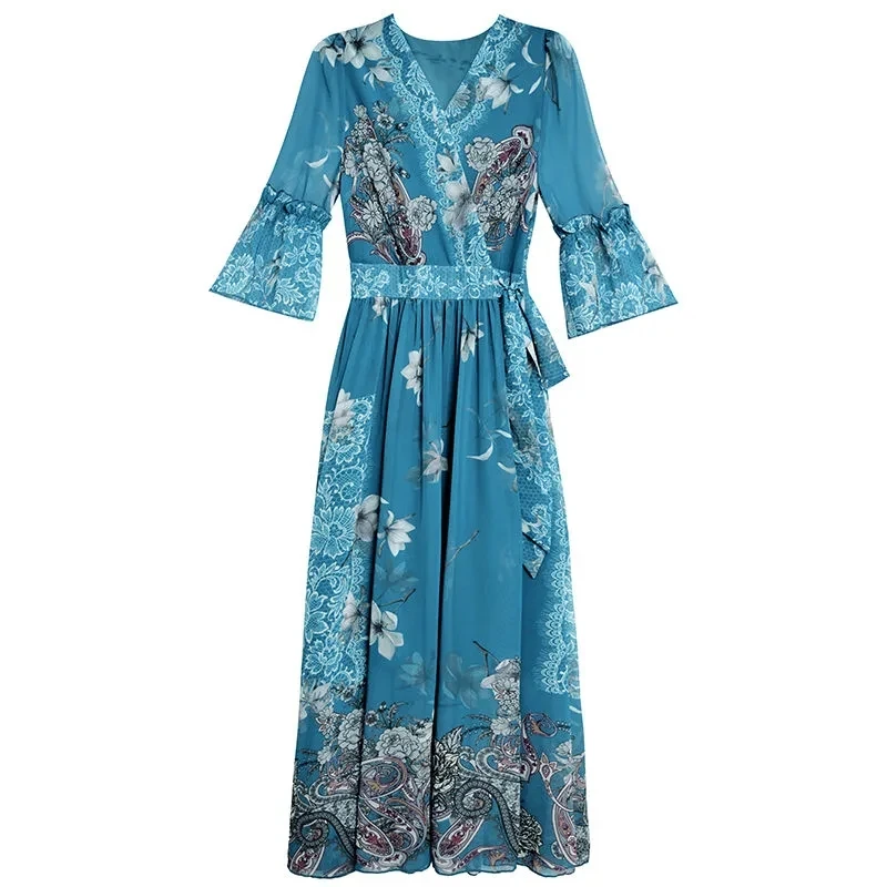 Chiffon Dress Women's 2023 Summer New Style V-Neck Long