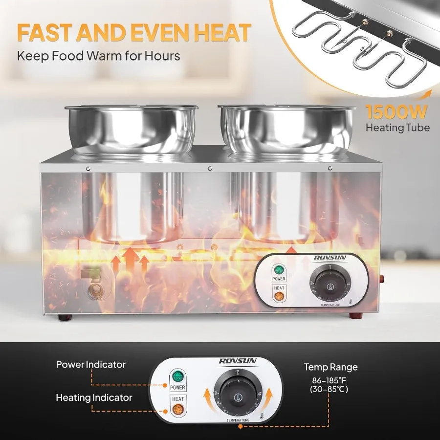 ROVSUN Electric Soup Warmer 30QT Commercial Food Warmer Steam Table Countertop Bain Marie with Four 7.4QT Pots 86185F Adjustabl