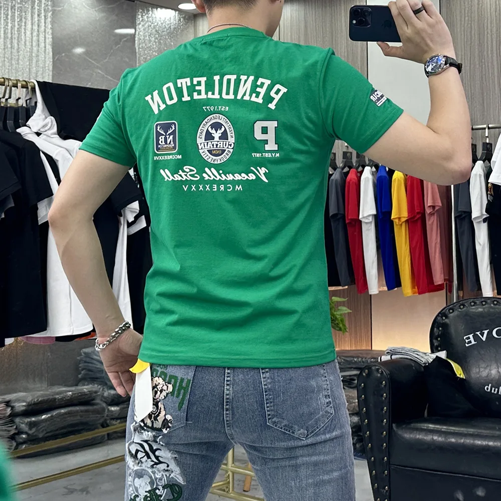 

Футболка мужская с круглым вырезом, Приталенный топ с надписью и принтом, блестящая повседневная красивая одежда с коротким рукавом, лето