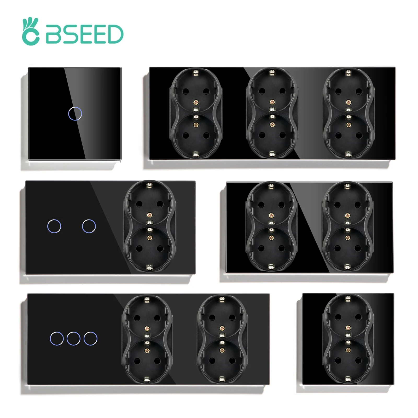 Bseed-touch Interruptores de Parede com Tomadas de Parede ue Interruptores de Luz em Casa Painel de Vidro Cristal Gang Gang 3gang 1way Backlight