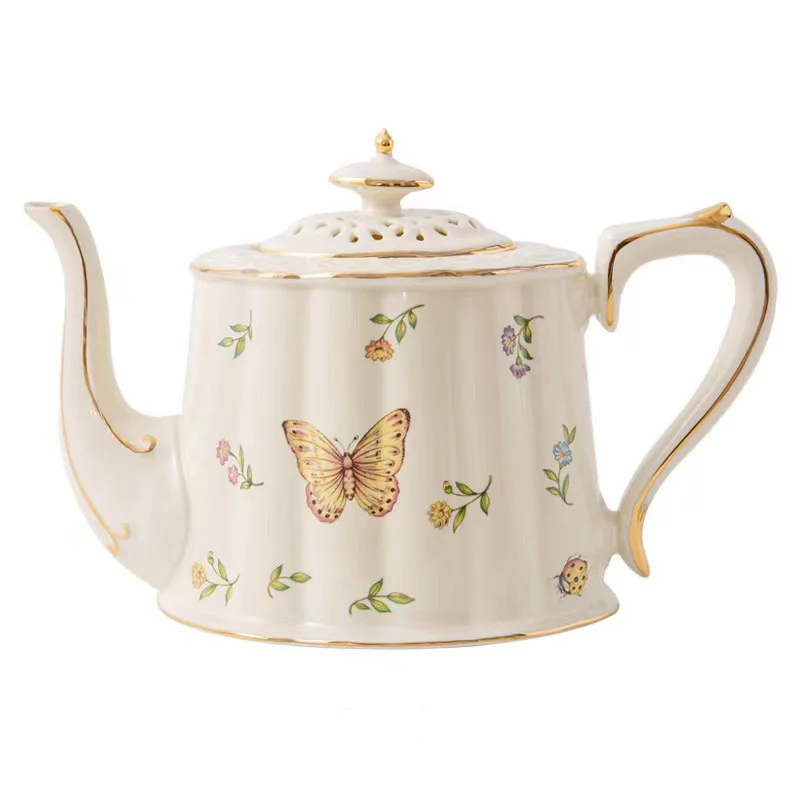 HotSalePorcelainButterflyDragonflyTeapotTrimmedInGoldCeramic