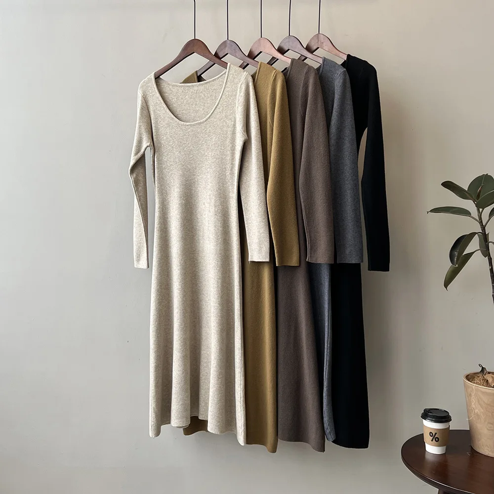 

Однотонное прямое трикотажное платье-свитер с U-образным вырезом и длинным рукавом для женщин, осень 2023, новое базовое платье-пуловер с высокой талией, миди