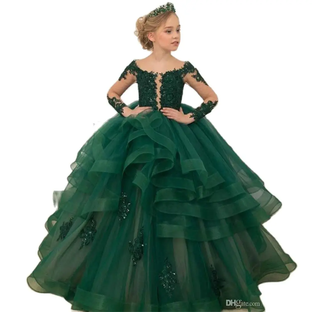 

Green Flower Girl Dresses Scoop Neck Appliqued Beaded Long Sleeves Girl Pageant Gowns Ruffle Tiered Sweep Train Birthda