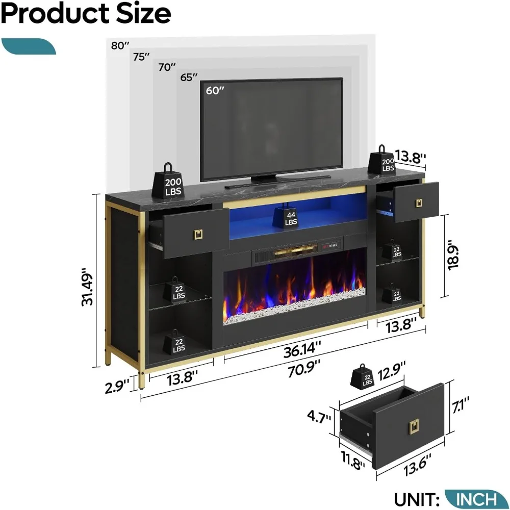 Fireplace TV Stand, 70 Inch TV Stand with 36 Inch Big Fireplace for TVs Up to 80", with Faux Marble Top, LED Media Console 6