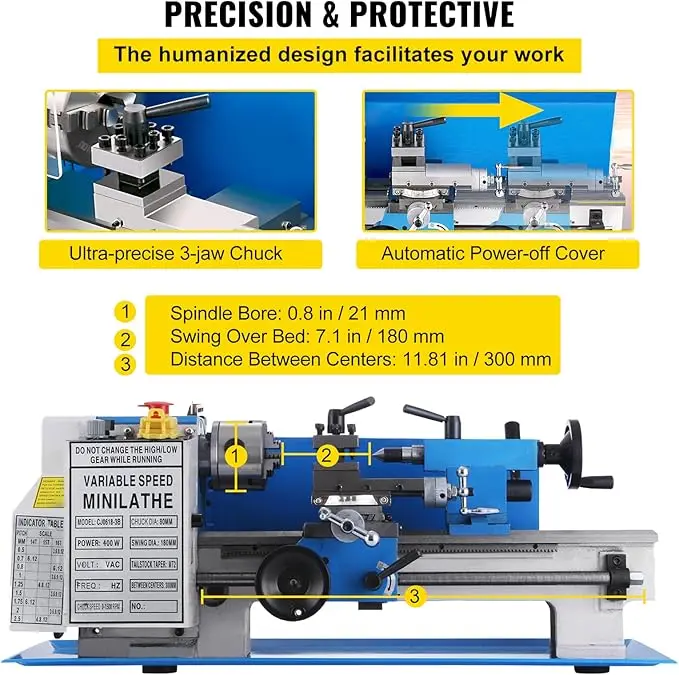 7 x 12 Inch Precision Mini Metal Lathe 2250 RPM 550W Variable Speed Mini Lathe Precision Bench Top Metal Working Lathe for