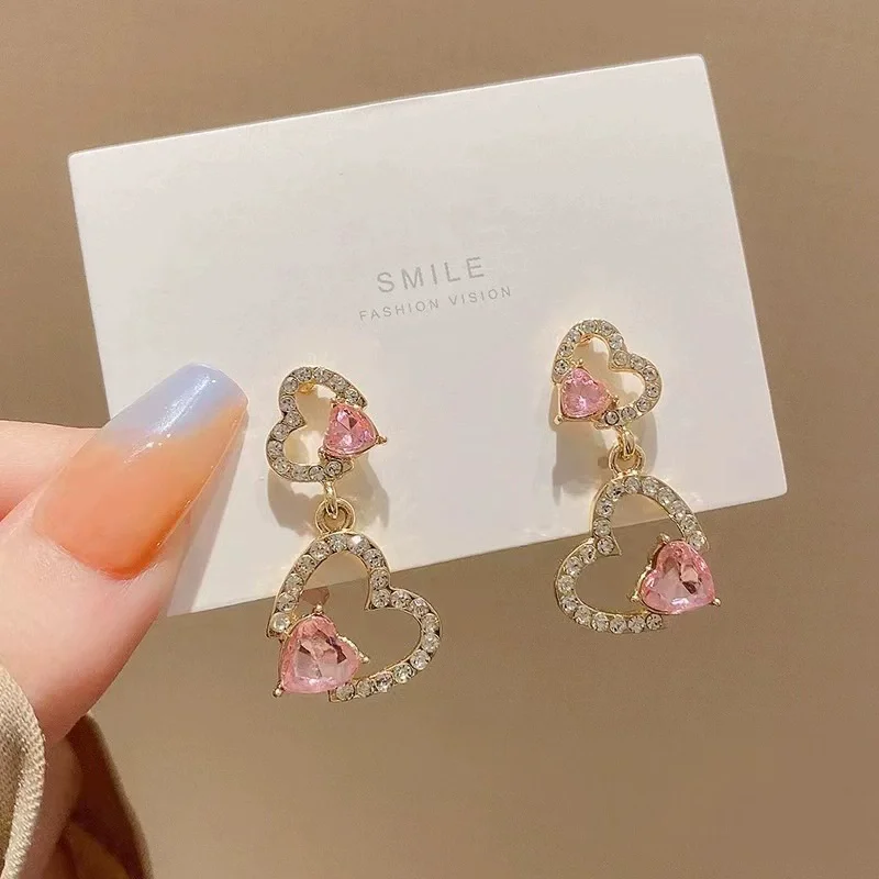 Hollow Out Heart Drop Earrings for Women Elegant Shiny Rhinestones Dangle Earrings Trendy Jewelry Valentine's Day Gift