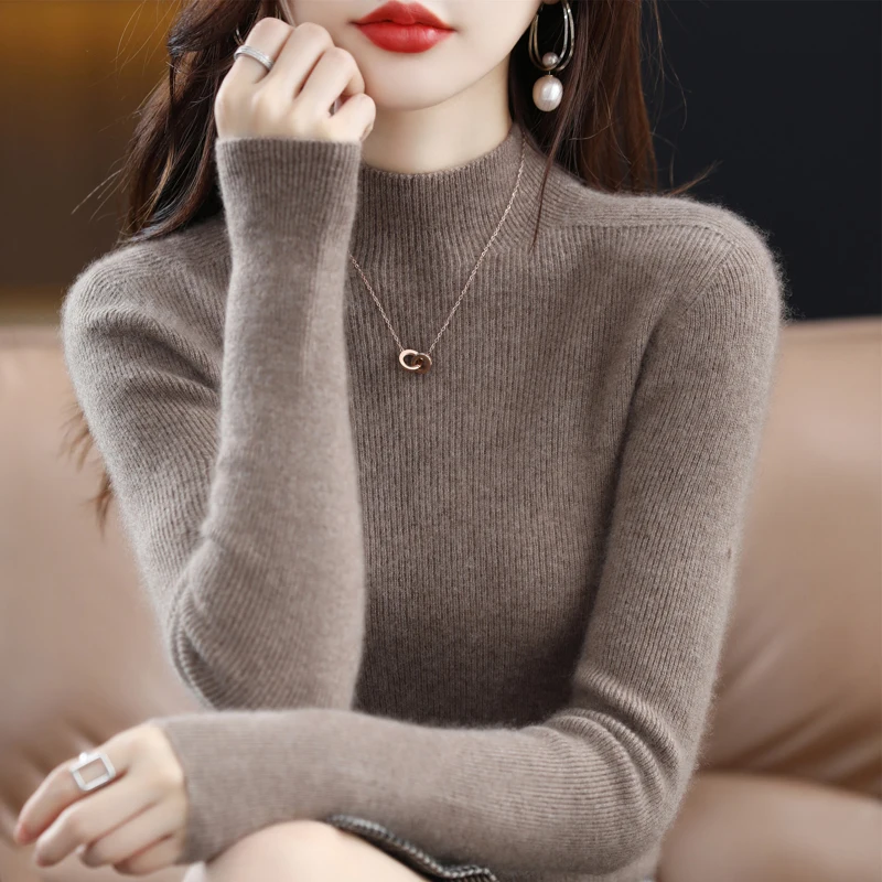 

Women's autumn/winter half turtleneck sweater 100 cashmere sweater drawer long sleeve pullover loose knit sweater