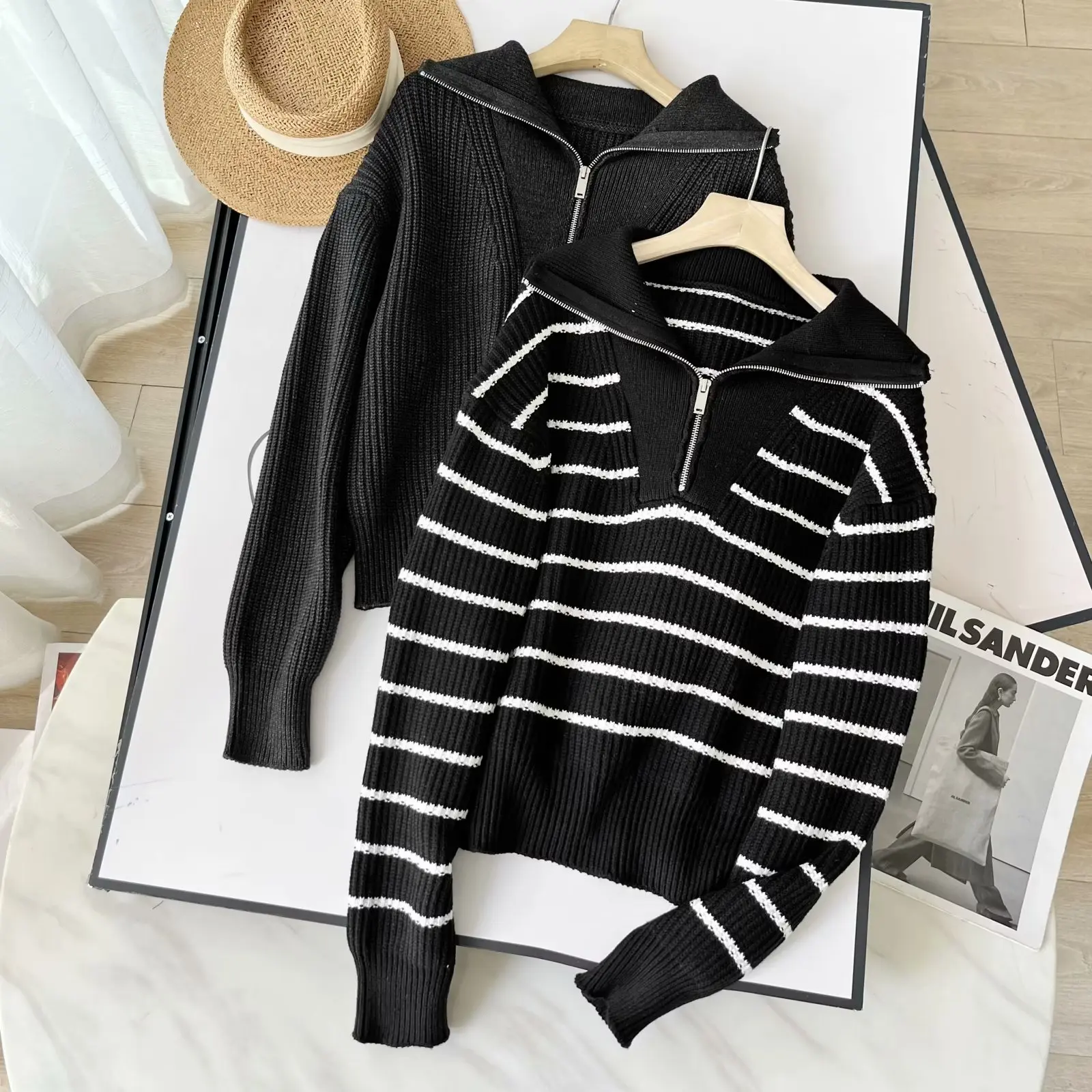 

Co Women's 2023 Fashion Casual Loose Version Half Zipper Solid Color and Striped Knit Sweater Retro Long Sleeve Chic Top