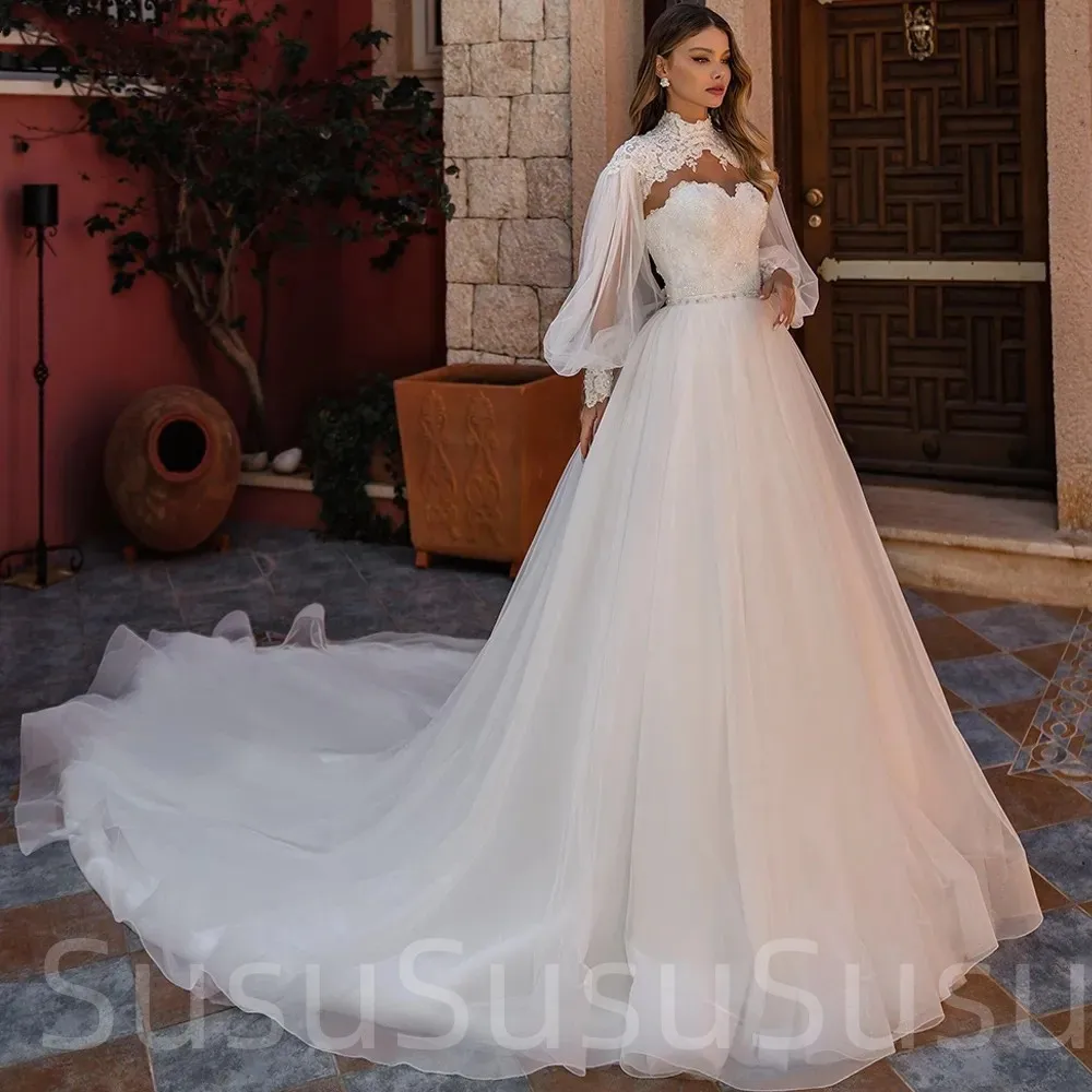 

Сдержанное свадебное платье с высоким воротником и длинным рукавом, классическое платье с аппликацией для невесты, изящное ТРАПЕЦИЕВИДНОЕ длинное свадебное платье, платье для невесты