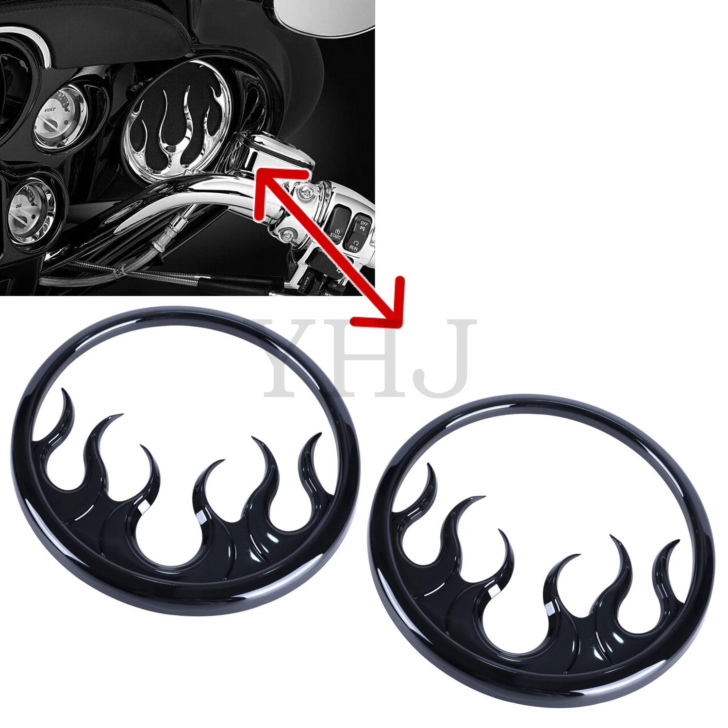 

Motorcycle Flame Front Speaker Grill Accent Trim Cover Black For Harley Touring Electra Glides, Street Glides, Trikes 2014-2022