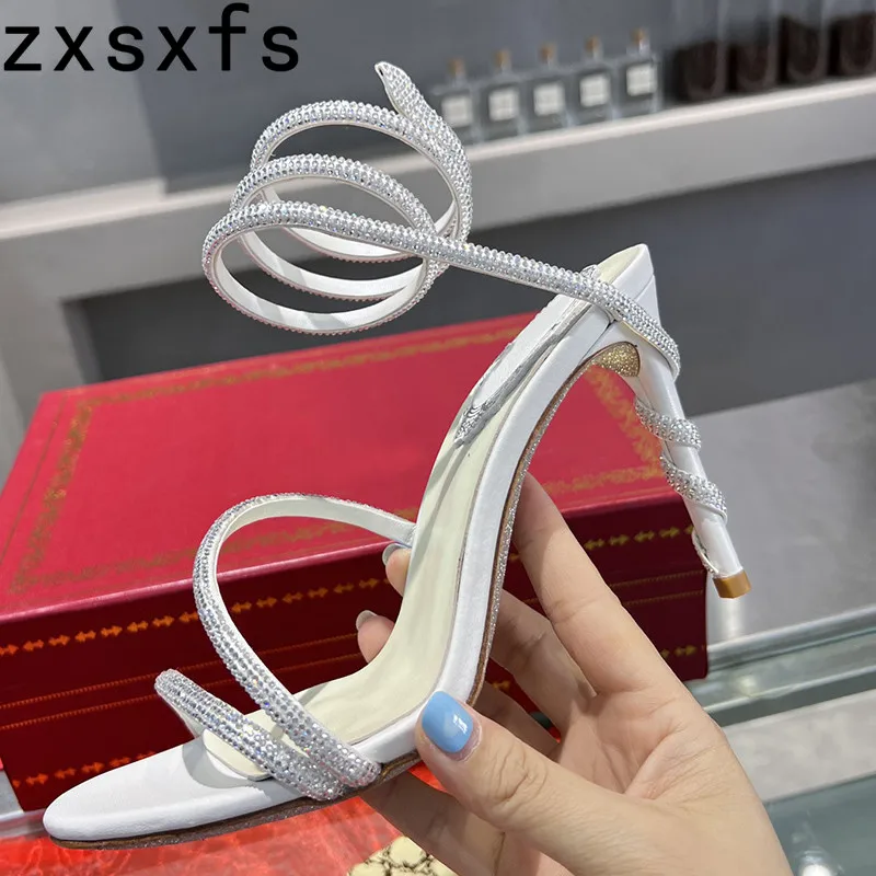 

Сандалии-гладиаторы женские со стразами, босоножки со змеиным узором на щиколотке, обувь для вечеринки на высоком каблуке, с открытым носком, на лето