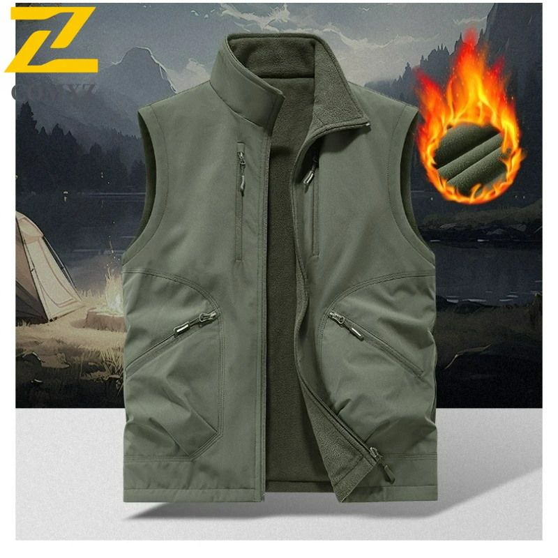 COMXZ 2025 Urban Workwear Vest Mens 2 Way Design Solid Color Wool Lined Sleeveless Coat Wind Waterproof For City Outdoor