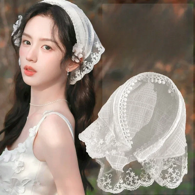 Retro Flower Lace Triangle Scarf Hair Band White Bandana Turban Headband Women Girl Headwrap Hair Accessories