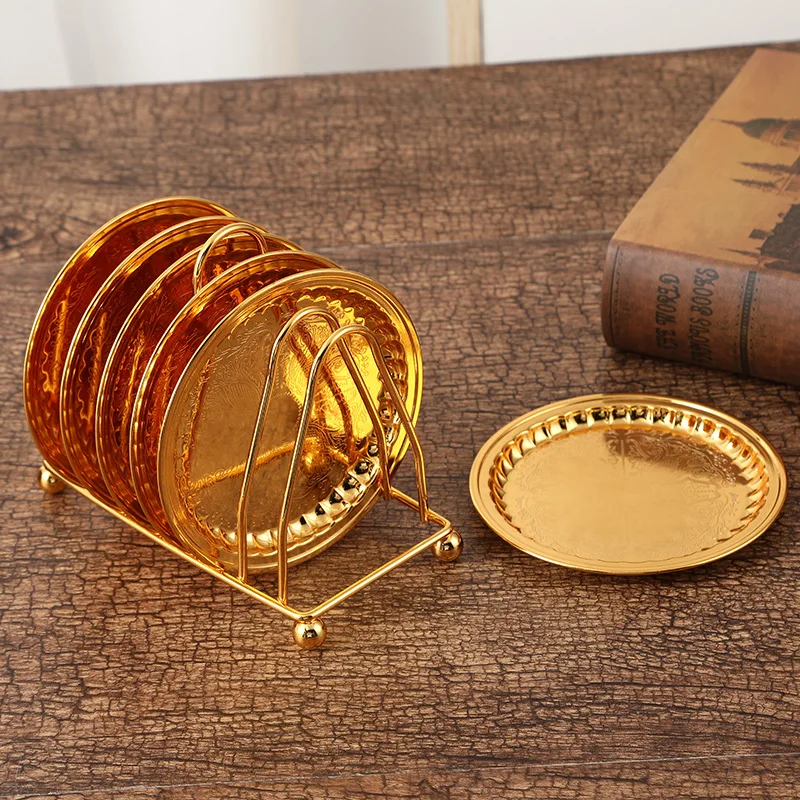 

Fashion 6Pcs/Set Diameter10cm Golden Coffee/Tea Cups Mats Mini Cake Plates Table Decoration Accessories Cup Coaster BD09