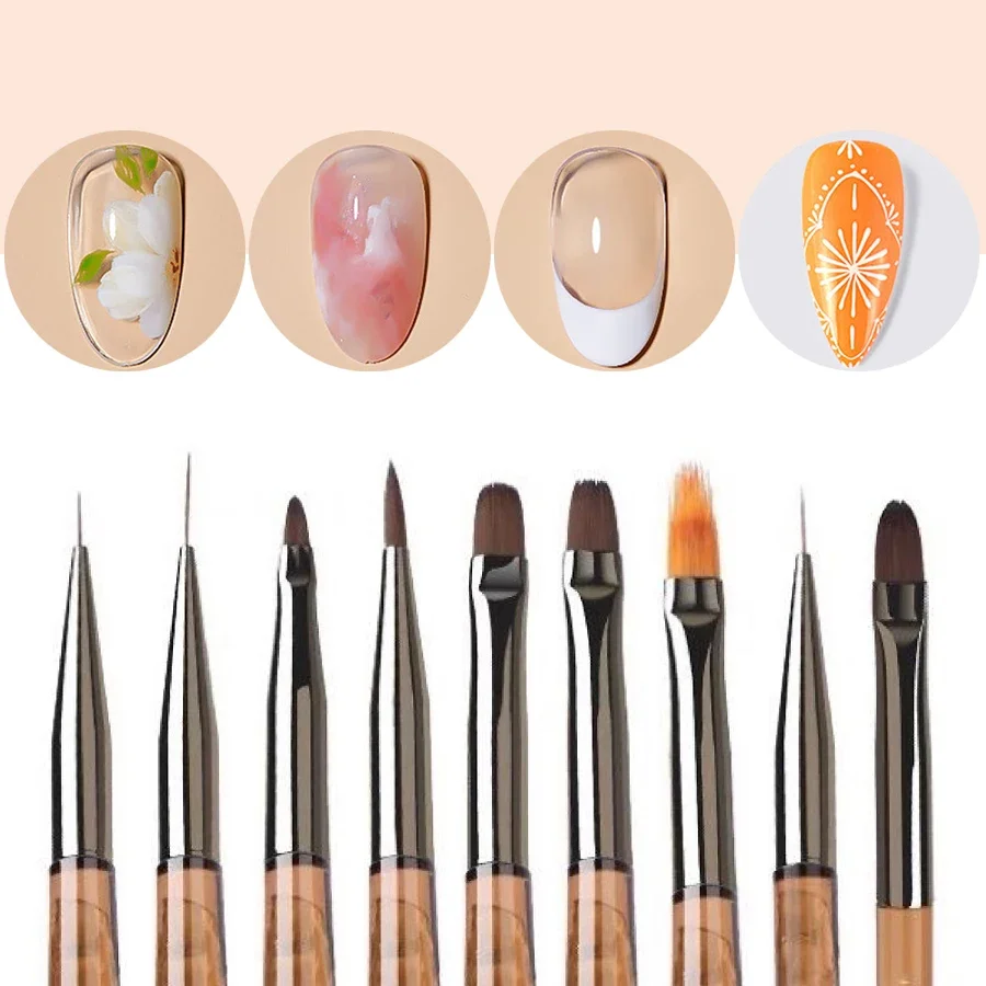 9Pcs Nail Brushes Set Fine Line Painting Detail Work Pens Stylish Brown Handles Gel Nail Art Tool Kit for Professional & Home Use