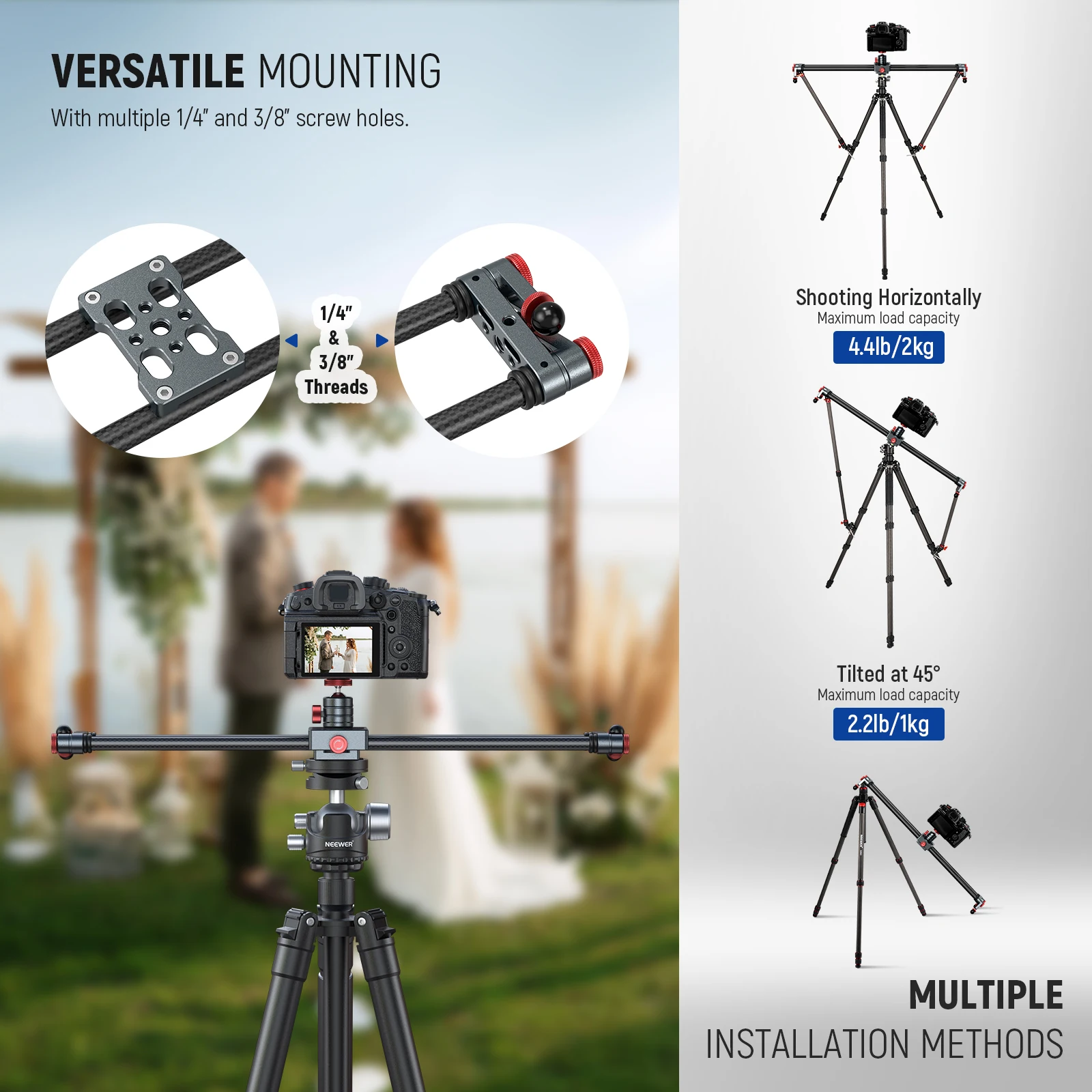 NEEWER 40cm/60cm Carbon Fiber Camera Slider with 360&deg; Ball Head/Phone Clamp/Camera Mount, Dolly Rail Track For GoPro Insta360 camera track slider