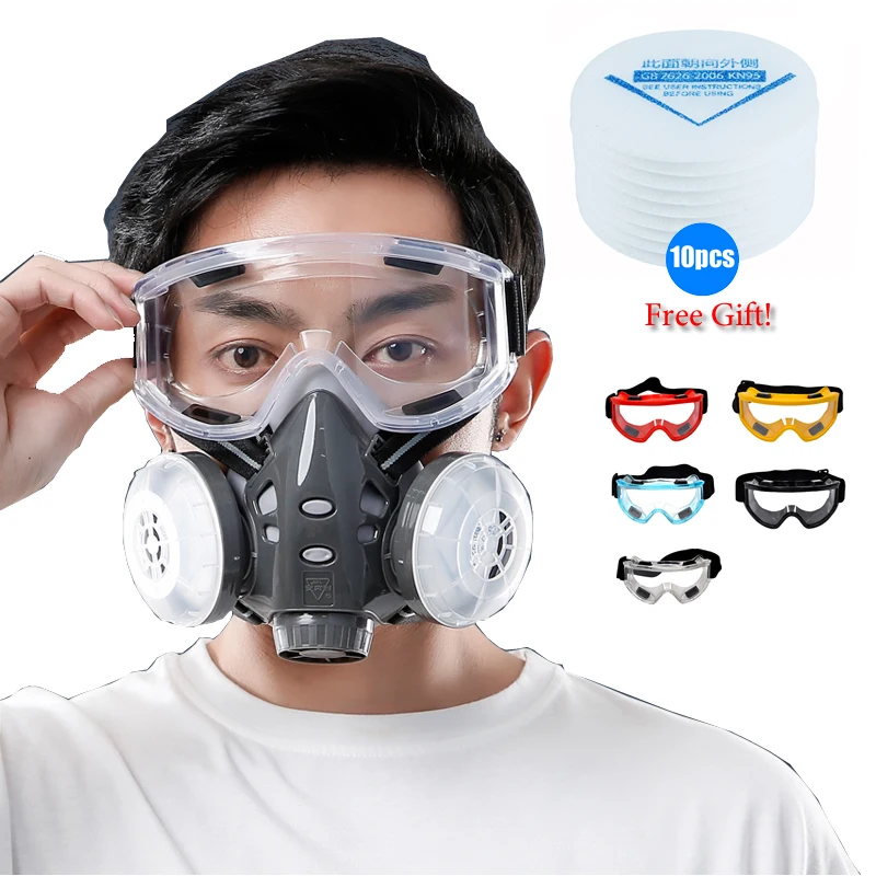 Půl obličej maska prach bezpečnosti ochranné brýle 10 filtrů dvojí KN95 filtrů dust-proof maska respirátor pro tesař budovatel leštění bezpečný