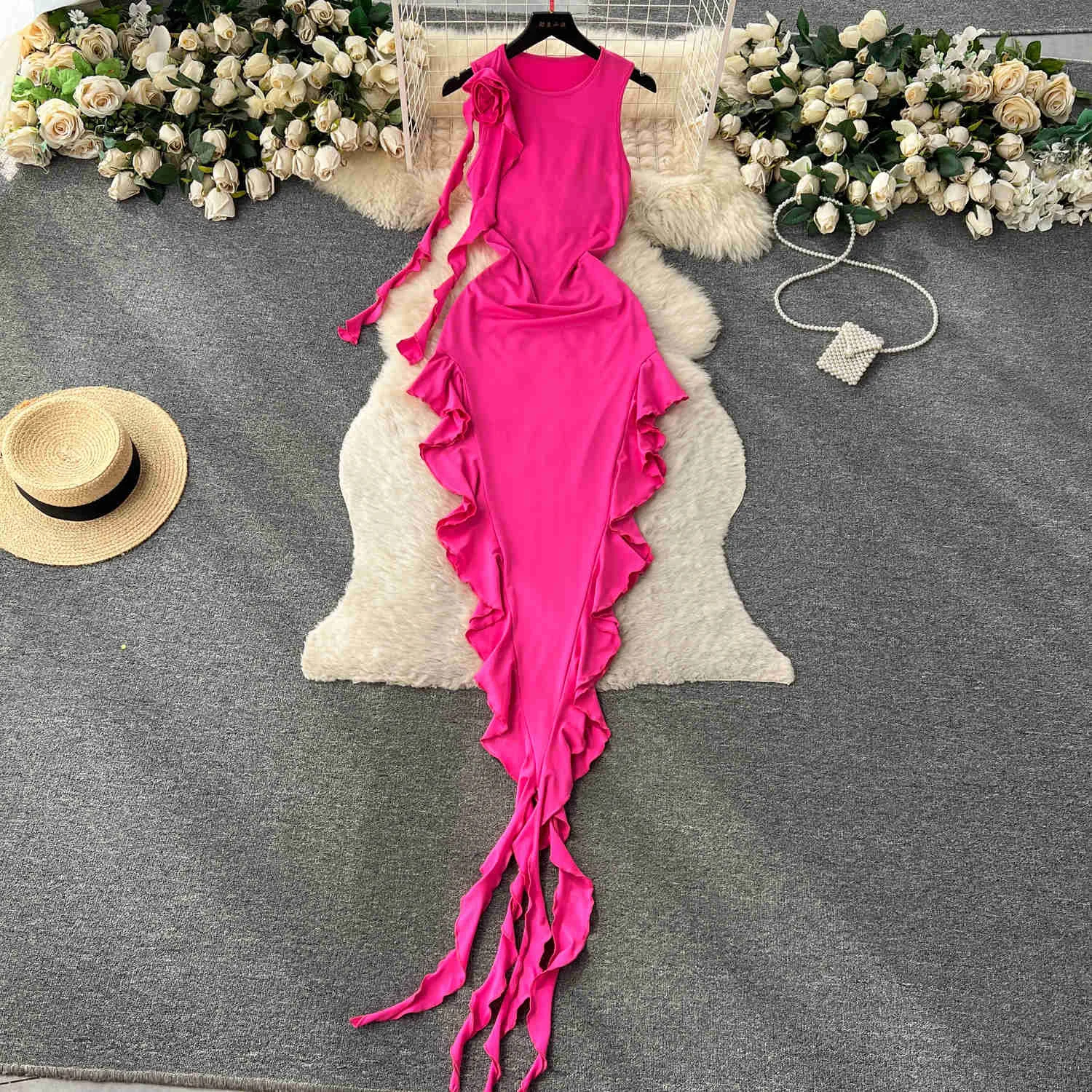 

Summer Women Dress 2023 New Hot Solid O Neck Sleeveless Floral Decoration Slim Ruffles Ribbon Irregular Beach Party Maxi Dress