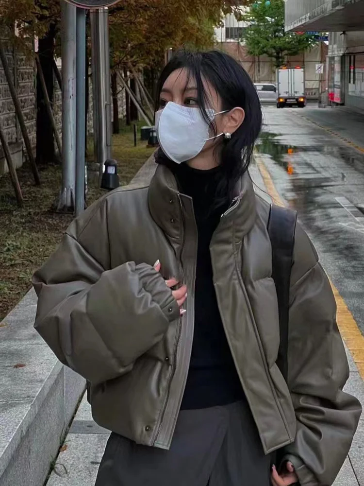 

Women Y2k Down Jacket Chic Short PU Leather Padded Coat Women's Winter Thickened Bread Warm Coat Female Puffer Parkas