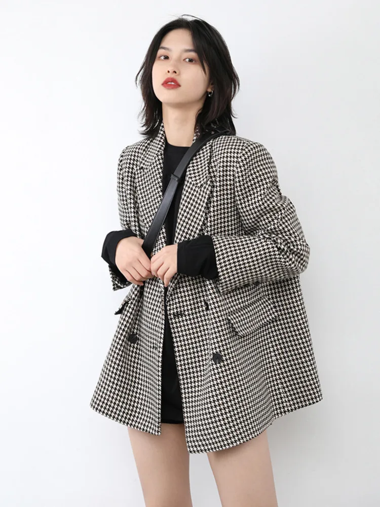 

Plaid Office Lady Blazer Women Vintage Temperament Elegant Simple Streetwear Chic Basic Outerwear Classic Long-Sleeved Jackets