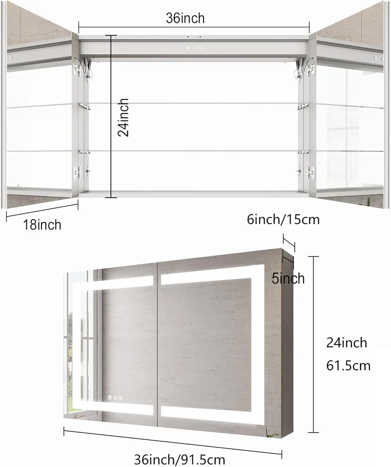 36 x 24 inch Bathroom Medicine Cabinet with LED Vanity Mirror,Wall Mounted Mirror with Storage Anti-Fog Double Door Lighted Bath