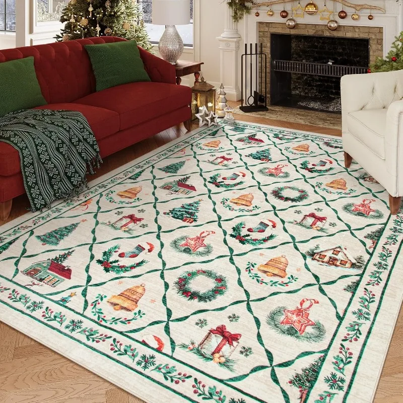 Christmas Style Living Room Carpet Christmas Tree Gift Print Bedroom Rug Machine Washable Holiday Decoration Coffee Table Mat 러그
