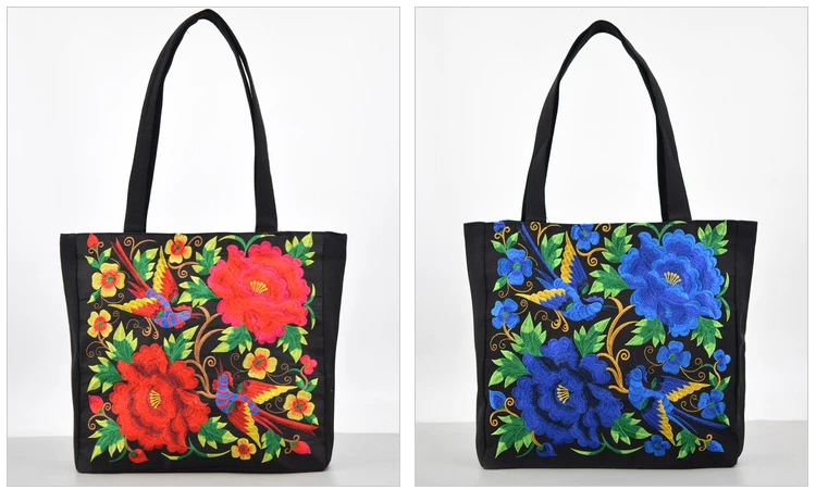 Ethnic Style Flower Embroidery Canvas Tote Shoulder Bag Large Capacity Handbag For Women - Image 6