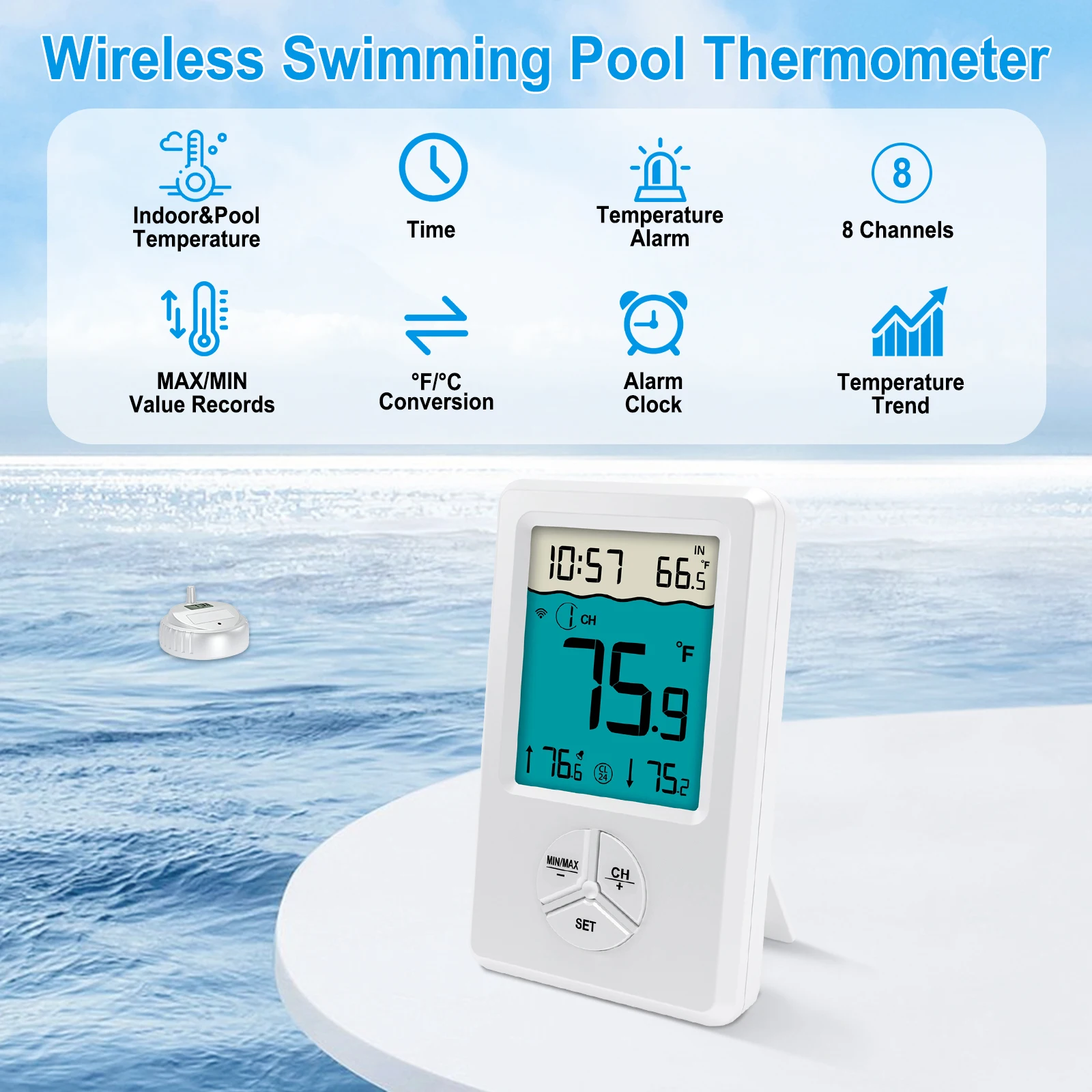 Pool Thermometer Floating Easy Read Wireless Water Temperature Monitor with IPX8