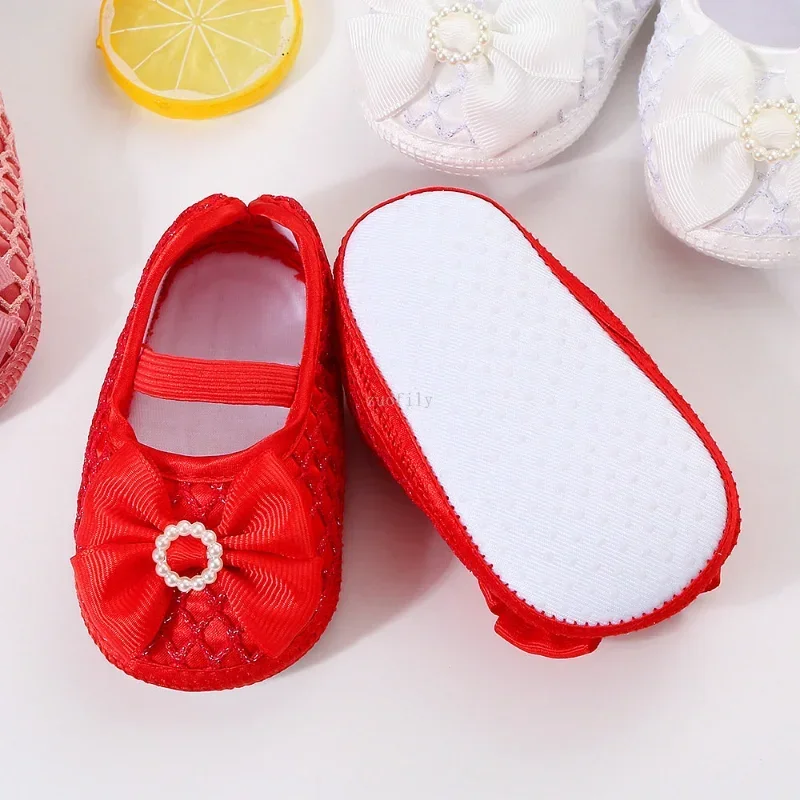 New 0-18M Birthday Infant Newborn Baby Girls Baptism Solid Shoes Bowknot Pearl Princess Soft Sole Shoes First Walkers + Hairband 3