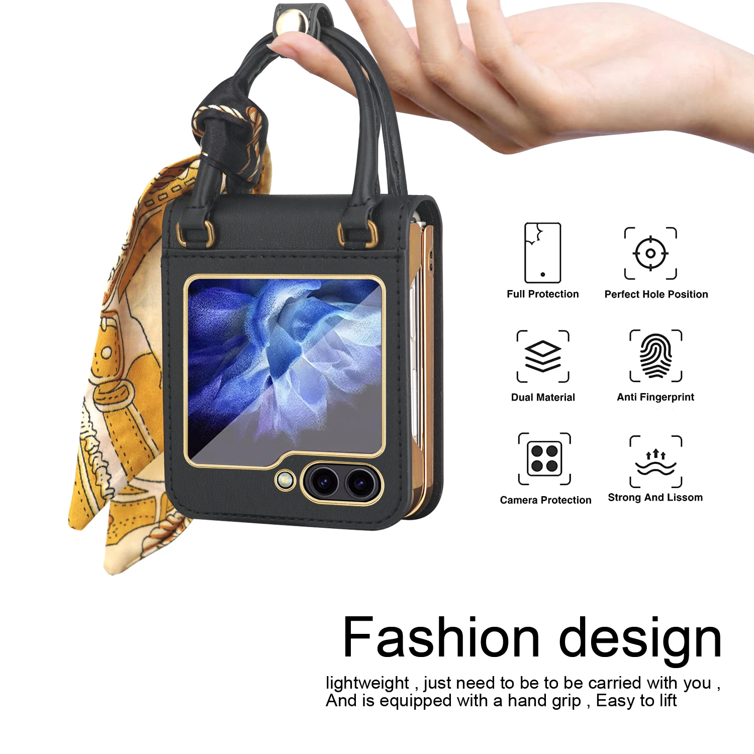 Premium Leather Case for Samsung Galaxy Z Flip 5 4 3 ZFlip5 Hand Grip Elegant Silk Scarf Chain Wrist Strap Handbag Style Cover