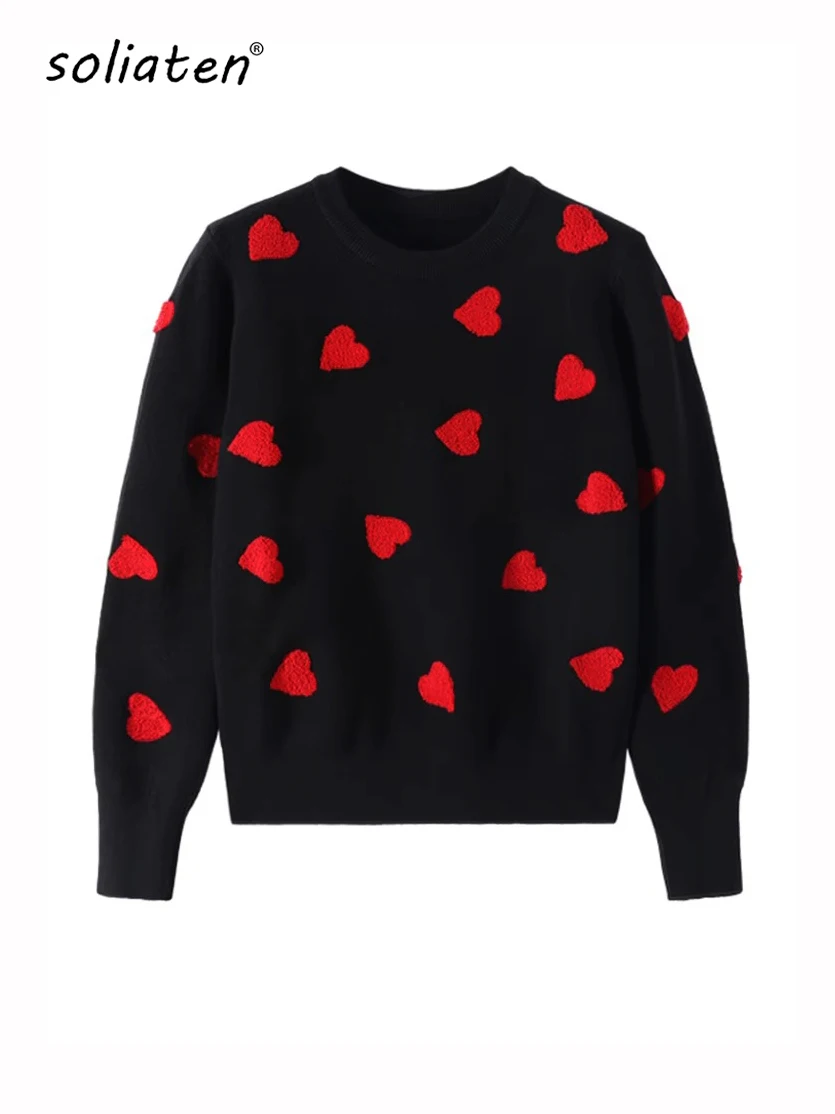 Women Embroidery Love Heart Strawberry Knitted Sweaters