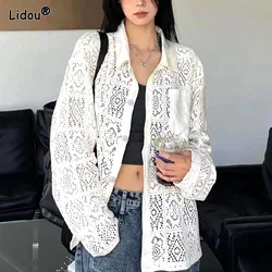 New Hollow Out Vintage Sunscreen Shirts Long Sleeves Korean Solid Thin Cotton Linen Single Breasted Polo-Neck Wild Small Fashion