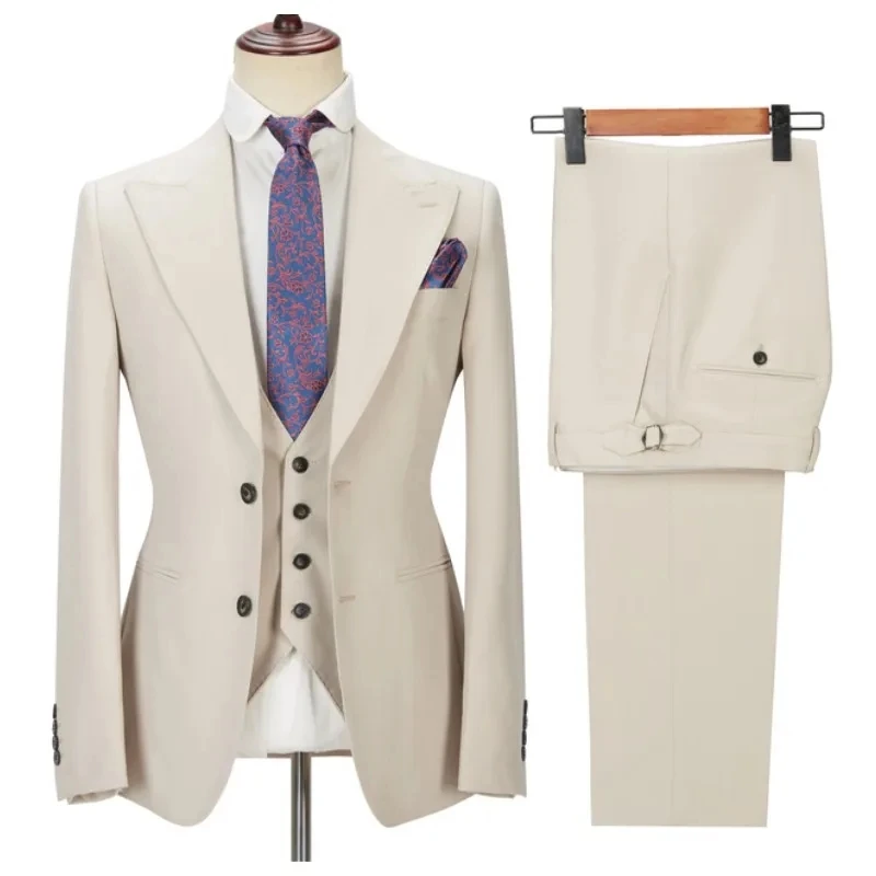 Navy Mens Suits 3 Pieces Side Slit Peaked Lapel Man Clothing Business Formal Wedding Groom Prom Dress Wear Blazer+Vest+Pants