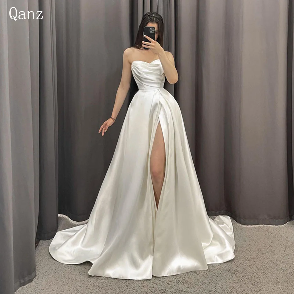 

Qanz Elegant Sweetheart Pleat Wedding Dress A-Line Sleeveless Lace-Up Court Train Bridal Gown Side Split Satin Vestidos De Novia