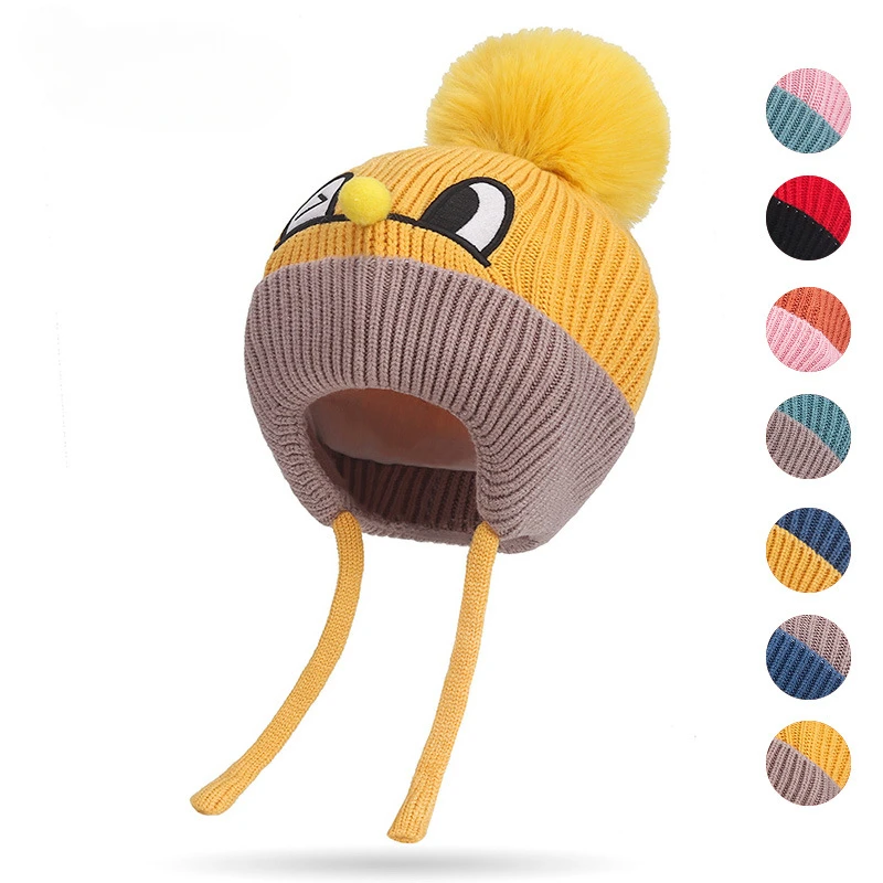 

Теплые детские шапки с защитой ушей зимние шапки с меховым помпоном зимние детские вязаные шапки для младенцев и малышей шерстяные шапки