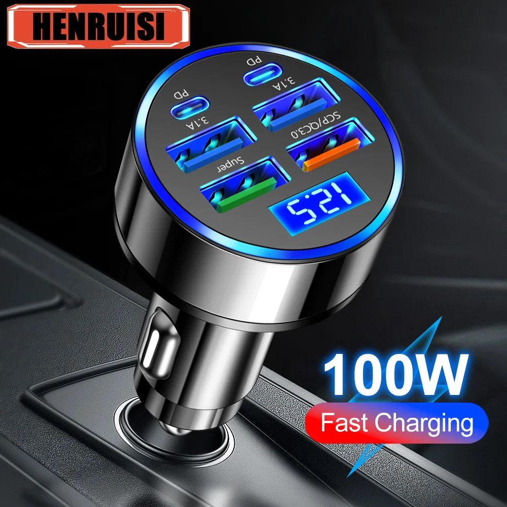 100W Car Charger car charger car phone charger 6 Ports USB C Charger PD Fast Charging for Iphone 15 14 13 Pro Max Xiaomi 14 13 Samsung Galaxy S24 S23 Ultra