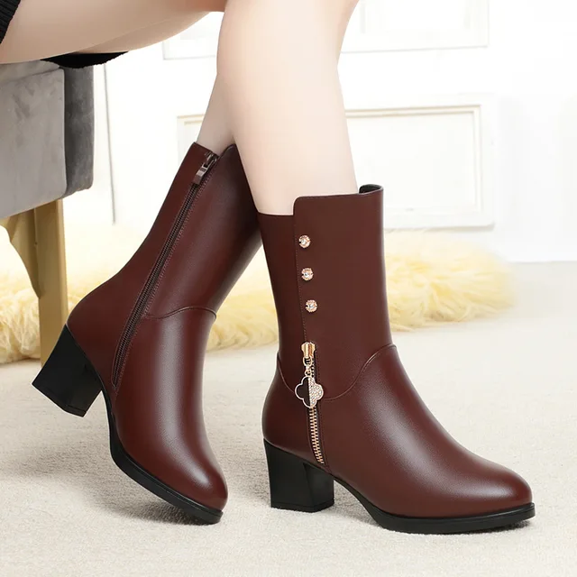 Winter Padded Cotton Shoes Women Plush Soft Leather Long Boot Warm High-heel Fur High Knee Riding Mid-heel Boots Comfortable