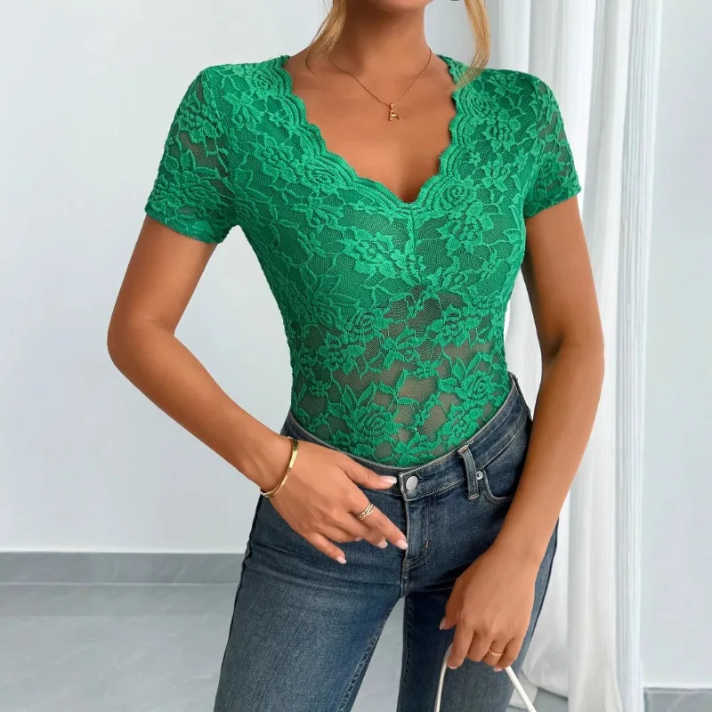 New Spring and Summer Women's Fan-shaped V-neck Shirt Solid Color Lace Short-sleeved Casual Solid Color Office Blouse Top