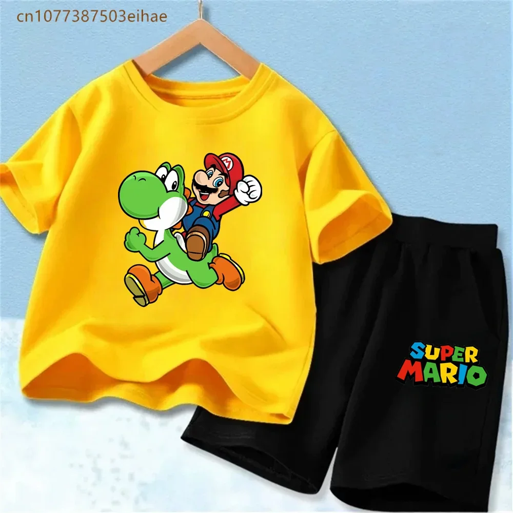 슈퍼 마리오 프린트 키즈 트레이닝복 세트 면 반팔 티셔츠 & 루즈핏 반바지 2종 캐주얼 의상 (남아, 여아 3-12세)