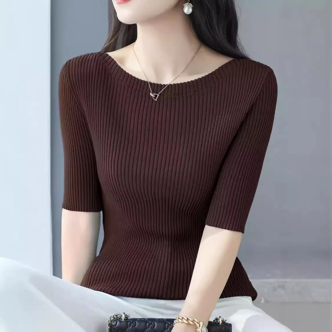 Women Short Sleeve Slim Knitted Pullover Sweater Top