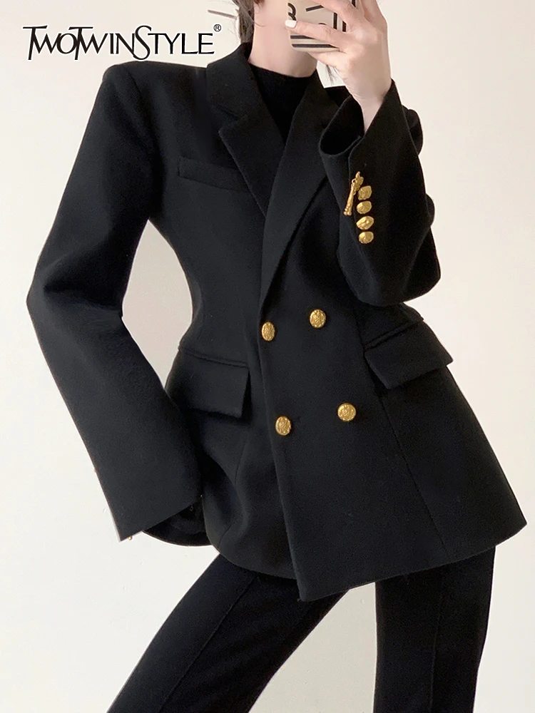 

TWOTWINSTYLE Casual Vintage Blazers For Women Notched Collar Long Sleeve Patchwork Double Breasted Chic Blazer Female Clothing