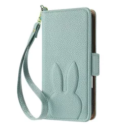 Charming 3D Rabbit & Floral Leather Phone Wallet Case with Card Slot Flip Cover - iPhone 15 (Light blue)