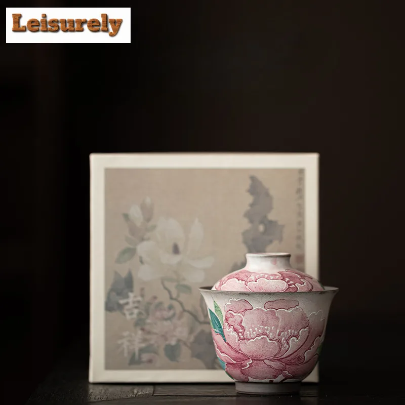 120ml Old Rock Clay Light Makeup Peony Gaiwan Aesthetic Tea Tureen Tea Bowl With Lid Kit Tea Making Cover Bowl Teaware Ornaments