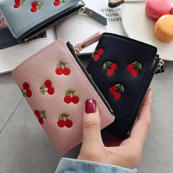 Women's Small Short Wallet with Vertical Buckle Embroidered Cherry Blossom Simple Wallet Zipper Purse for Girls 1