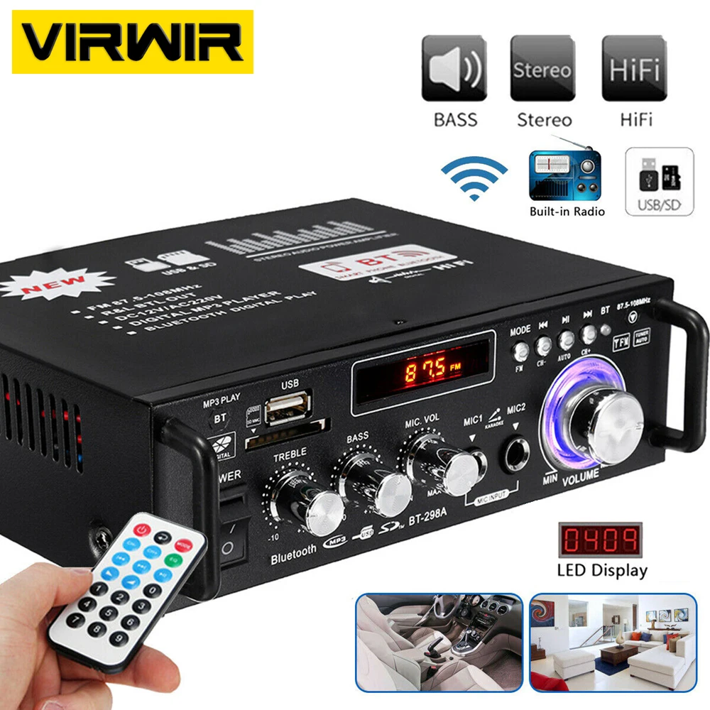 Wireless Bluetooth Compatibility MINI Amplifier 2CH HIFI Audio HIFI Stereo Power AMP USB FM Radio Car Home With Remote Control