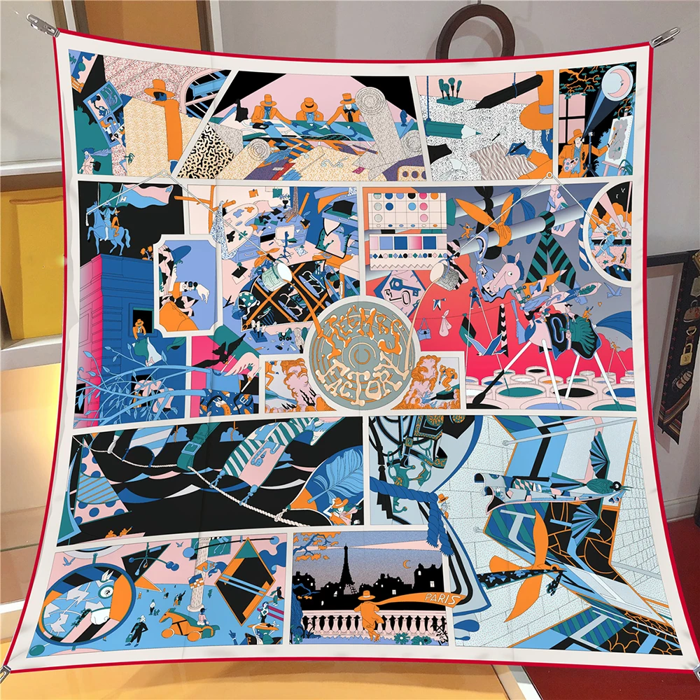 

90CM Silk Scarf Women Workshop Print Square Scarves Head Echarpes Foulards Wraps Beach Shawls Bandana Lady Hijabs