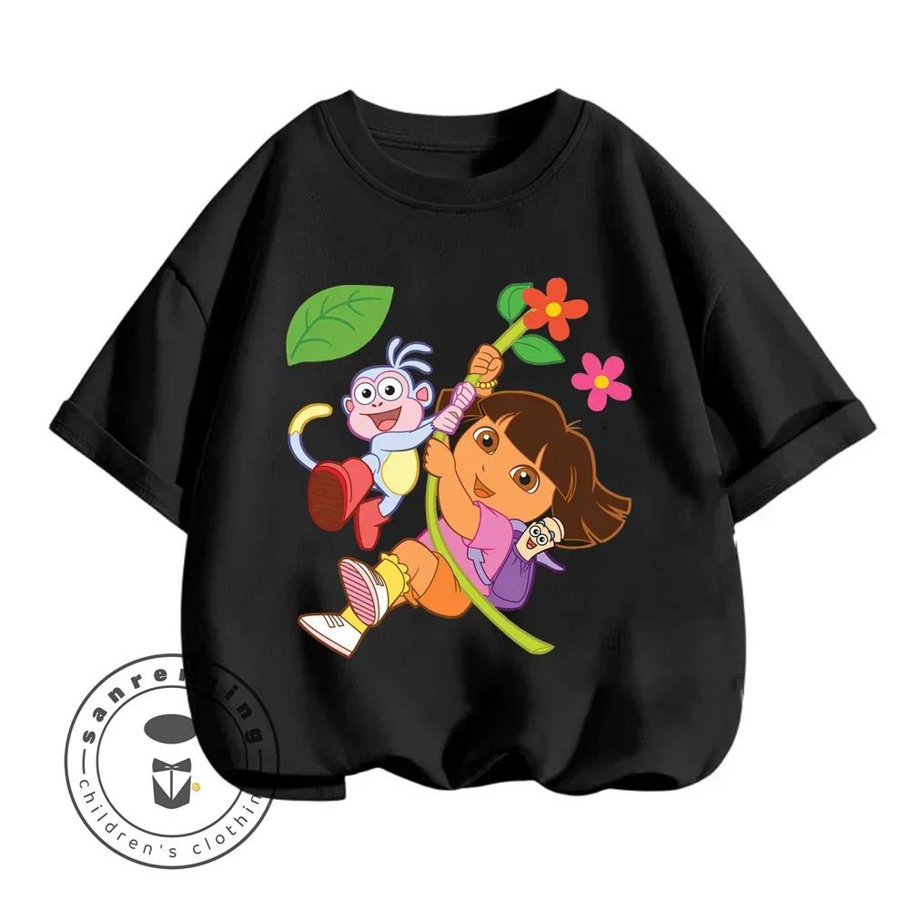 Fun Boys Girls Fashion T-shirt Dora Animated Cartoon Printed Kids T-shirt Hip Hop Boys Clothes White Short Sleeve Shirt Top 4