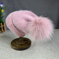 Cllikko New Angora fur winter hat For Women children fox fur pompom hats Beanies Big size Bonnet Female Soft Warm Skullies hat 5