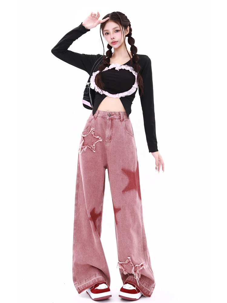 Women\'s Vintage Red Wide Leg Star Jeans 90s Fashion Aesthetic Denim Trousers Harajuku 2000s High Waist Baggy Jeans Pants Clothes